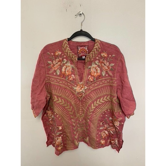 Johnny Was Tops - Johnny Was Rianne Floral V Neck Blouse Shirt Pink 100% Linen Size XL